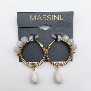 Massini Gold Hoop Earrings with Grey Beads and White Teardrop Dangles